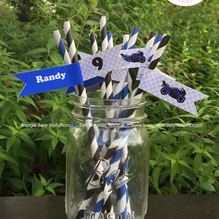 Blue Motorcycle Birthday Party Straws Pennant Paper Black Beverage Enduro Motocross Racing Street Track Boogie Bear Invitations Randy Theme