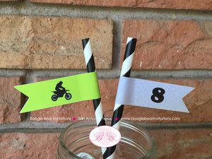 Dirt Bike Birthday Party Paper Straws Girl Pennant Pink Lime Green Black Enduro Motocross Modern Sports Boogie Bear Invitations Raquel Theme