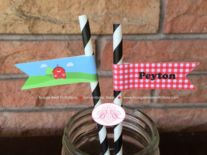 Farm Animals Birthday Party Paper Straws Pennant Boy Girl Red Barn Country Petting Zoo Hay Ride Gingham Boogie Bear Invitations Peyton Theme