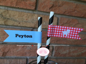 Farm Animals Birthday Party Paper Straws Pennant Boy Girl Red Barn Country Petting Zoo Hay Ride Gingham Boogie Bear Invitations Peyton Theme
