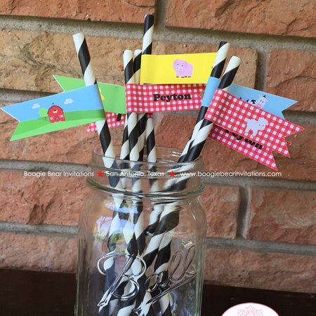 Farm Animals Birthday Party Paper Straws Pennant Boy Girl Red Barn Country Petting Zoo Hay Ride Gingham Boogie Bear Invitations Peyton Theme