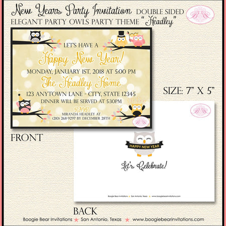 Happy New Year Party Invitation Bokeh Owls Dinner Elegant Rose Gold Lights Boogie Bear Invitations Headley Theme Paperless Printable Printed