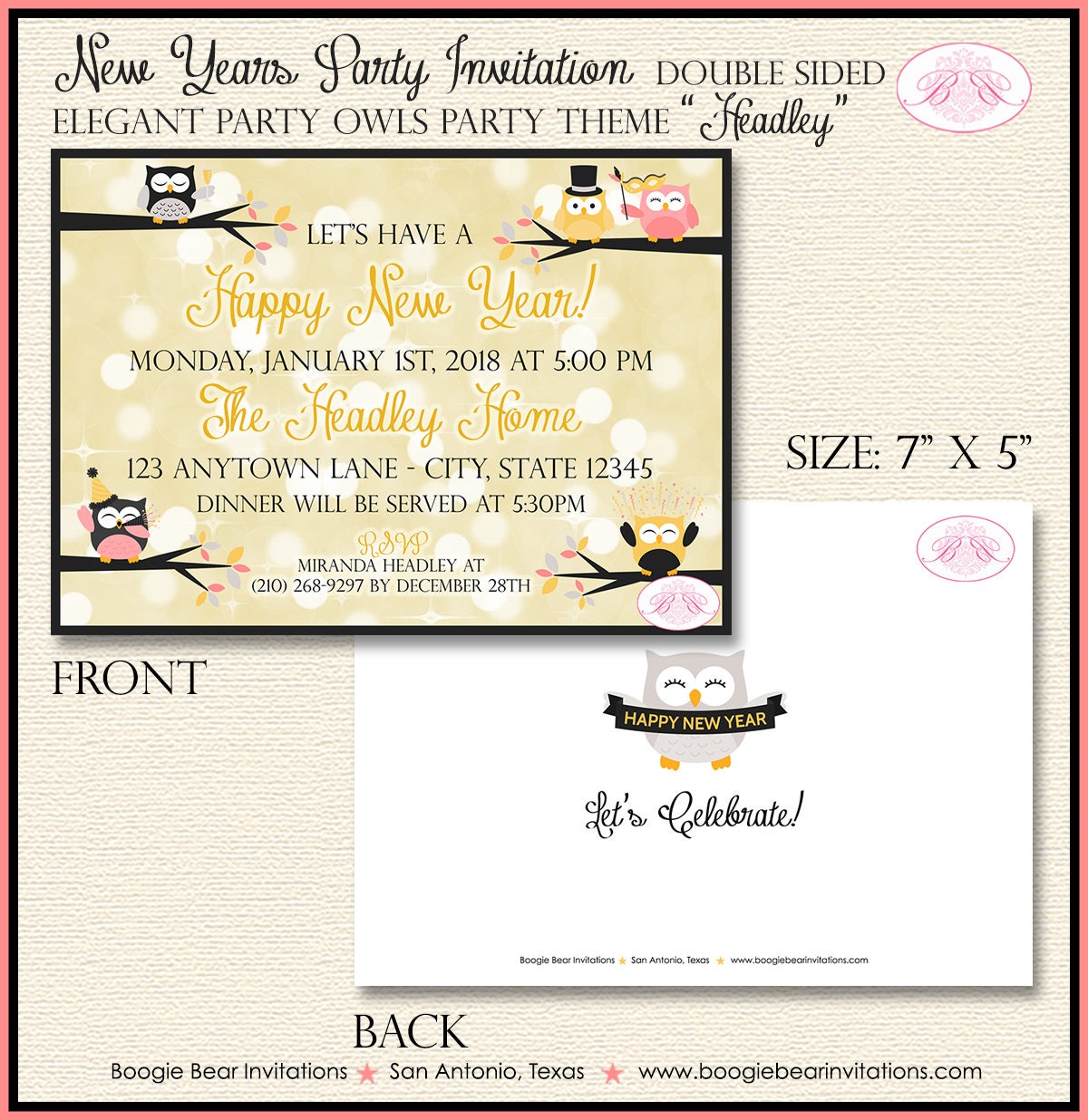 Happy New Year Party Invitation Bokeh Owls Dinner Elegant Rose Gold Lights Boogie Bear Invitations Headley Theme Paperless Printable Printed