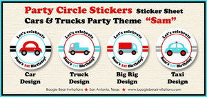 Cars Trucks 1st Birthday Party Stickers Circle Sheet Round Red Blue Black Toy Vehicle Road Trip Traffic Boogie Bear Invitations Sam Theme