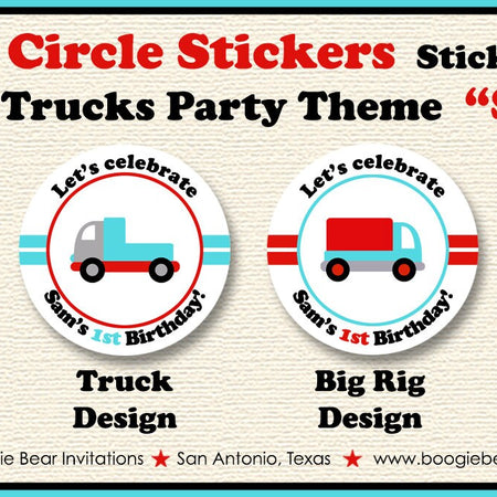 Cars Trucks 1st Birthday Party Stickers Circle Sheet Round Red Blue Black Toy Vehicle Road Trip Traffic Boogie Bear Invitations Sam Theme