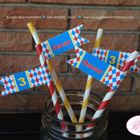 Circus Animals Birthday Party Straws Paper Pennant Girl Boy Wild Zoo Red Blue Yellow Big Top Elephant Boogie Bear Invitations Oscar Theme