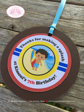 Load image into Gallery viewer, Surfer Boy Birthday Party Favor Tags Swimming Red Blue Yellow Brown Surf Surfing Swim Pool Ocean Island Boogie Bear Invitations Kimoni Theme