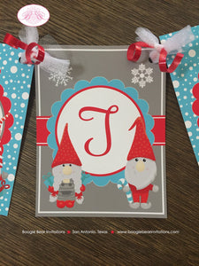 Winter Gnomes Birthday Party Banner Happy Red Blue Grey Snowing Christmas Girl Boy Woodland Forest Kids Boogie Bear Invitations Garth Theme