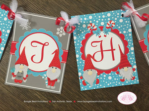 Winter Gnomes Birthday Party Banner Happy Red Blue Grey Snowing Christmas Girl Boy Woodland Forest Kids Boogie Bear Invitations Garth Theme
