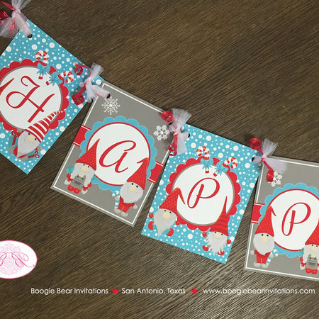 Winter Gnomes Birthday Party Banner Happy Red Blue Grey Snowing Christmas Girl Boy Woodland Forest Kids Boogie Bear Invitations Garth Theme