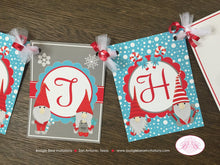 Load image into Gallery viewer, Winter Gnomes Birthday Name Banner Party Girl Boy Red Blue Snowing Snow Christmas Woodland Garden Forest Boogie Bear Invitations Garth Theme