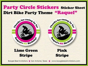 Dirt Bike Birthday Party Stickers Circle Sheet Round Pink Lime Green Enduro Motocross Motorcycle Racing Boogie Bear Invitations Raquel Theme