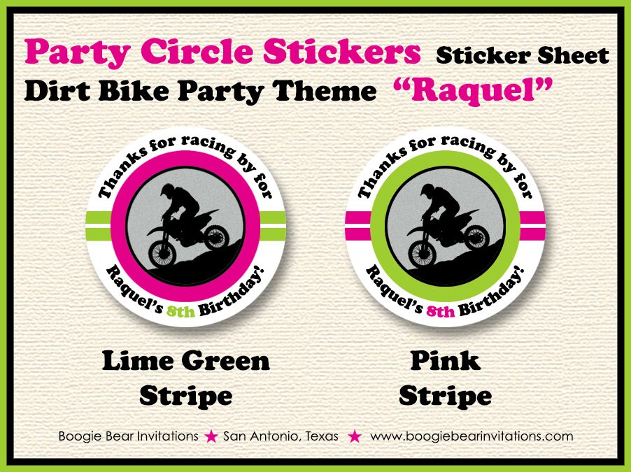 Dirt Bike Birthday Party Stickers Circle Sheet Round Pink Lime Green Enduro Motocross Motorcycle Racing Boogie Bear Invitations Raquel Theme