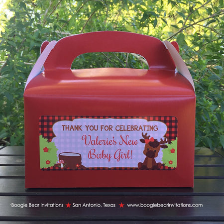 Little Moose Baby Shower Treat Boxes Birthday Party Red Forest Woodland Animal Calf Plaid Boy Girl 1st Boogie Bear Invitations Valerie Theme