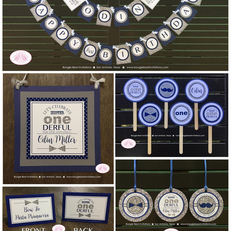 Mr. Wonderful Birthday Party Package Boy Little Man Navy Blue Silver Grey White Onederful Banner 1st 2nd Boogie Bear Invitations Odin Theme