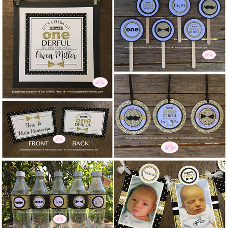 Mr. Wonderful Birthday Party Package Boy Little Man Glitter Gold Black Onederful First One Banner 1st 2nd Boogie Bear Invitations Owen Theme