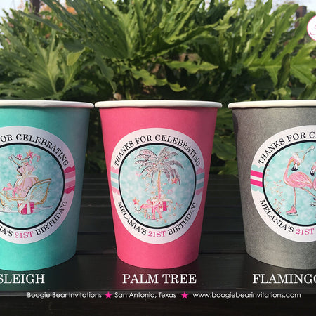 Pink Flamingo Birthday Party Beverage Cups Paper Drink Girl Holiday Christmas Winter Aqua Sleigh Santa Boogie Bear Invitations Melania Theme