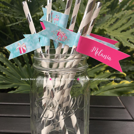 Pink Flamingo Birthday Party Pennant Paper Straws Beverage Drink Holiday Christmas Tropical Santa Aqua Boogie Bear Invitations Melania Theme