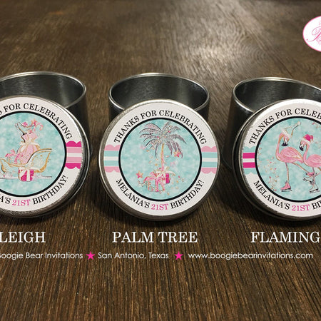 Pink Flamingos Birthday Party Treat Favor Tins Circle Gift Box Candy Girl Holiday Santa Christmas Aqua Boogie Bear Invitations Melania Theme