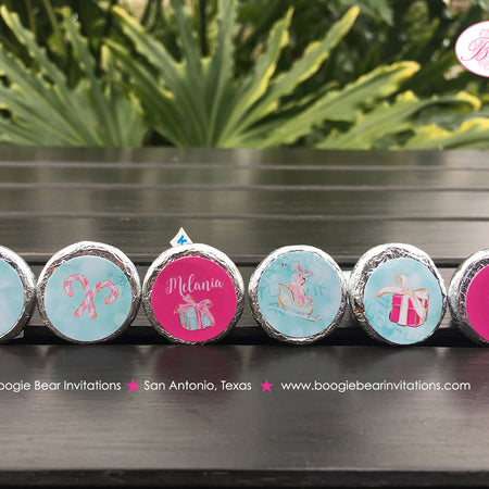 Pink Flamingo Birthday Party Circle Stickers Sheet Candy Favor Holiday Christmas Aqua Tropical Winter Boogie Bear Invitations Melania Theme