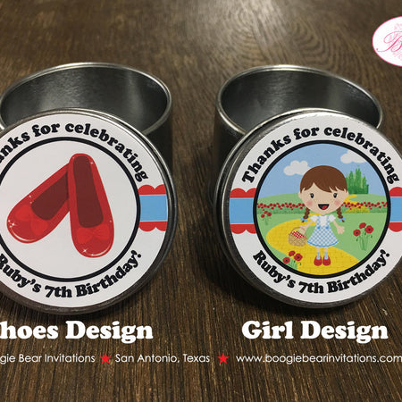 Wizard of Oz Birthday Party Treat Favor Tins Circle Gift Box Candy Yellow Brick Road Red Shoes Dorothy Boogie Bear Invitations Ruby Theme