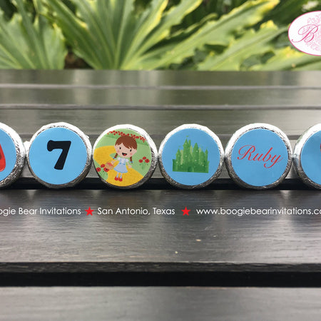 Wizard of Oz Birthday Party Circle Stickers Sheet Candy Favor Yellow Brick Road Dorothy Toto Good Witch Boogie Bear Invitations Ruby Theme