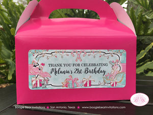 Pink Flamingo Birthday Party Treat Boxes Favor Tags Holiday Christmas Aqua Blue Winter Sleigh Santa Boogie Bear Invitations Melania Theme
