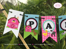Load image into Gallery viewer, Farm Animals Party Pennant Cake Banner Topper Happy Birthday Girl Pink Barn Petting Zoo Country Rustic Boogie Bear Invitations Paisley Theme
