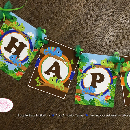Chameleon Happy Birthday Banner Party Boy Girl Rain Forest Jungle Amazon Rainforest Wild Reptile Zoo Boogie Bear Invitations Chris Theme
