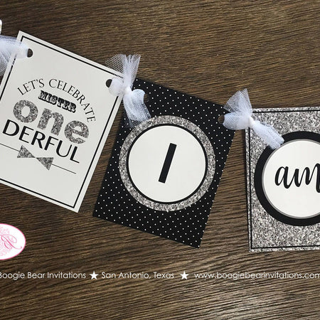 Mr. Wonderful Highchair I am 1 Banner Birthday Party Bow Tie Boy Little Man Silver Black Onederful 1st Boogie Bear Invitations Otis Theme