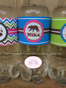 Pink Grizzly Bear Birthday Party Bottle Wraps Wrapper Cover Label Girl Green Blue Forest Cub Animals Paw Boogie Bear Invitations Nika Theme
