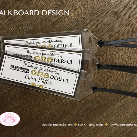 Mr Wonderful Birthday Party Bookmarks Favor Boy Chalkboard Polka Dot Mister Onederful Gift Black Gold 1st Boogie Bear Invitations Owen Theme