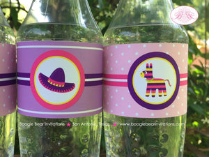 Fiesta Taco Birthday Party Bottle Wraps Wrappers Cover Label Girl Pink Purple Cinco de Mayo Mariachi Boogie Bear Invitations Mariela Theme