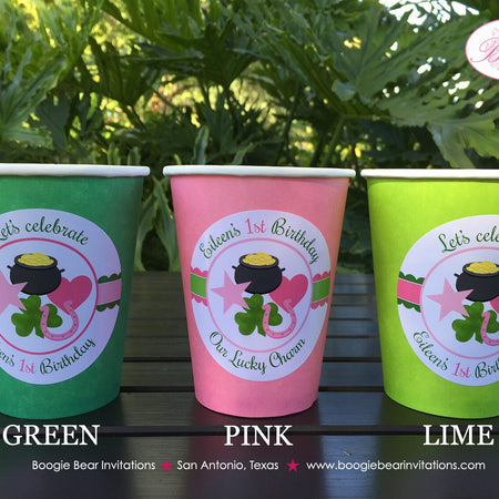 Lucky Charm Birthday Party Beverage Cups Paper Drink Girl Pink Green St. Patrick's Day Shamrock Clover Boogie Bear Invitations Eileen Theme