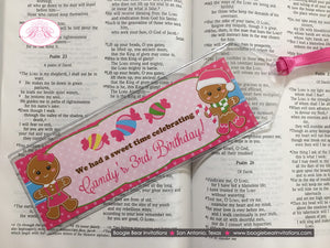 Gingerbread Birthday Party Bookmarks Favor Girl Pink Lollipop Snowflake Christmas Star House Winter Boogie Bear Invitations Candy Sue Theme