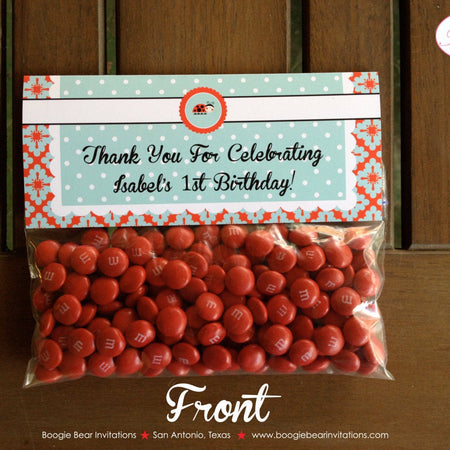 Red Ladybug Birthday Party Treat Bag Toppers Folded Favor Black Aqua Little Girl Lady Bug Picnic Garden Boogie Bear Invitations Isabel Theme