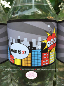 Superhero Birthday Party Bottle Wraps Wrappers Cover Label Red Girl Boy Super Hero Skyline Comic Cityscape Boogie Bear Invitations Max Theme