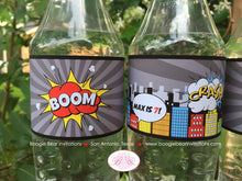 Load image into Gallery viewer, Superhero Birthday Party Bottle Wraps Wrappers Cover Label Red Girl Boy Super Hero Skyline Comic Cityscape Boogie Bear Invitations Max Theme