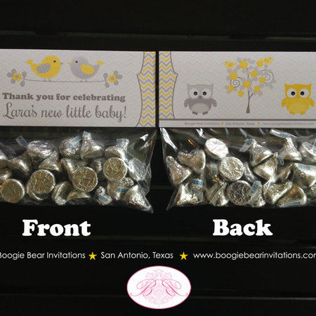 Yellow Grey Owl Baby Shower Treat Bag Toppers Folded Favor Woodland Animals Bird Tree Garden Boy Girl 1st Boogie Bear Invitations Lara Theme