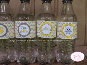 Yellow Grey Owl Baby Shower Bottle Wraps Wrappers Cover Label Woodland Animals Bird Tree Garden Boy Girl Boogie Bear Invitations Lara Theme