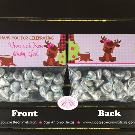 Little Moose Baby Shower Treat Bag Toppers Folded Favor Girl Pink Forest Woodland Animals Party Plaid Boogie Bear Invitations Viviana Theme