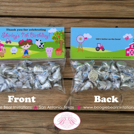 Pink Farm Birthday Party Treat Bag Toppers Folded Favor Girl Barn Animals Tractor Horse Cow Pig Sheep Boogie Bear Invitations Shirley Theme