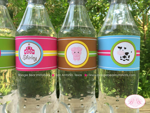 Pink Farm Birthday Party Bottle Wraps Wrappers Cover Label Barn Girl Animals Petting Zoo Cow Horse Pig Boogie Bear Invitations Shirley Theme