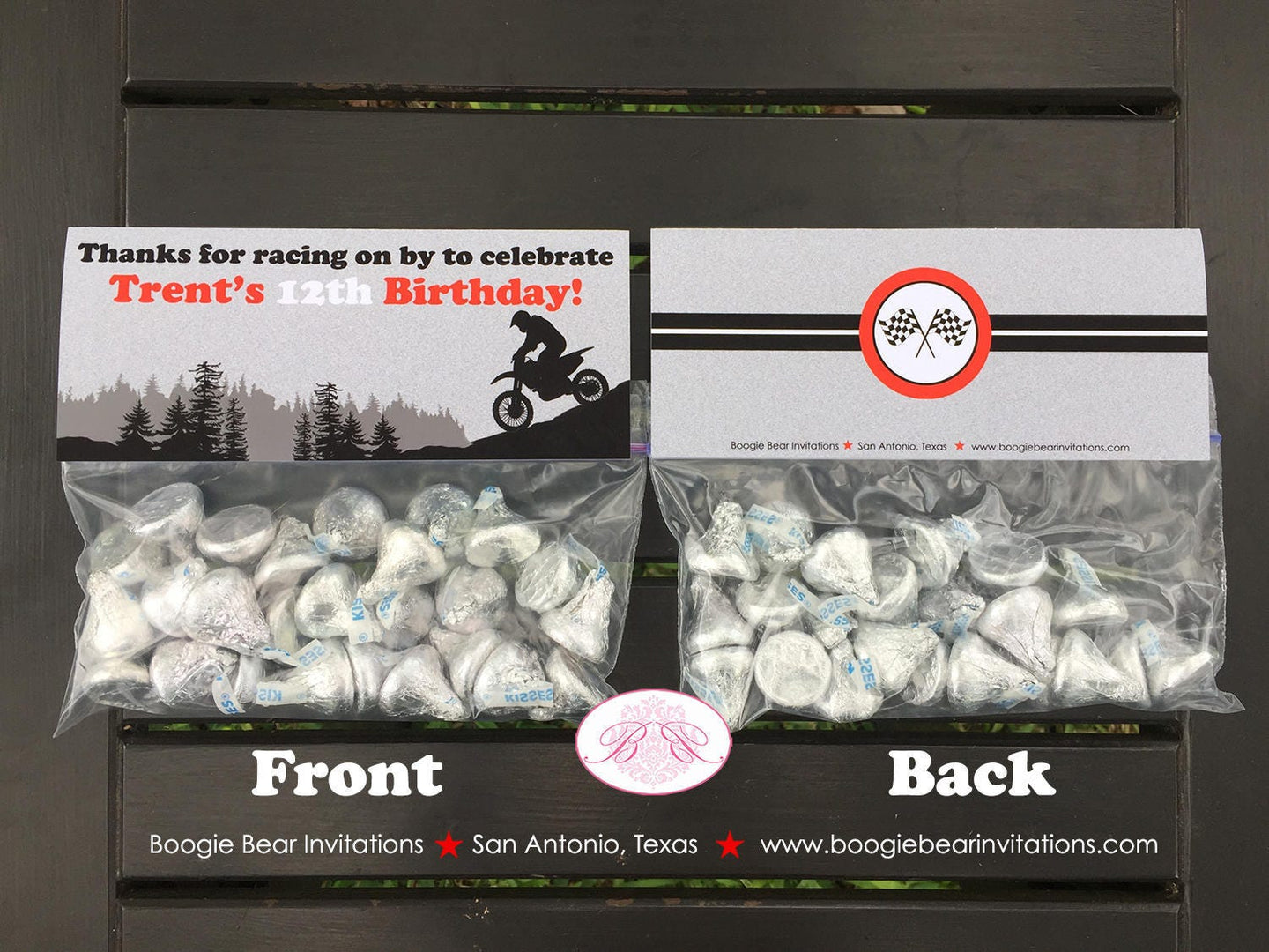 Red Dirt Bike Party Treat Bag Toppers Birthday Folded Favor Enduro Motocross Motorcycle Racing Track Boogie Bear Invitations Trent Theme
