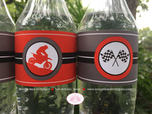 Load image into Gallery viewer, Red Dirt Bike Birthday Party Bottle Wraps Wrappers Cover Enduro Motocross Race Motorcycle Racing Black Boogie Bear Invitations Trent Theme