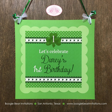 Lucky Shamrock Party Door Banner Birthday St. Patrick's Day Girl Boy Green Irish Four Leaf Clover Charm Boogie Bear Invitations Darcy Theme