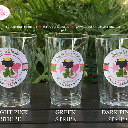 Lucky Charm Birthday Party Beverage Cups Plastic Drink Girl Pink Green St. Patrick's Four Leaf Clover Boogie Bear Invitations Eileen Theme