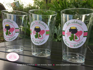 Lucky Charm Birthday Party Beverage Cups Plastic Drink Girl Pink Green St. Patrick's Four Leaf Clover Boogie Bear Invitations Eileen Theme