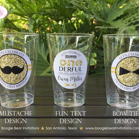 Mr Wonderful Birthday Party Beverage Cups Plastic Drink ONE Boy Mustache Bow Tie Onederful Black Gold 1st Boogie Bear Invitations Owen Theme