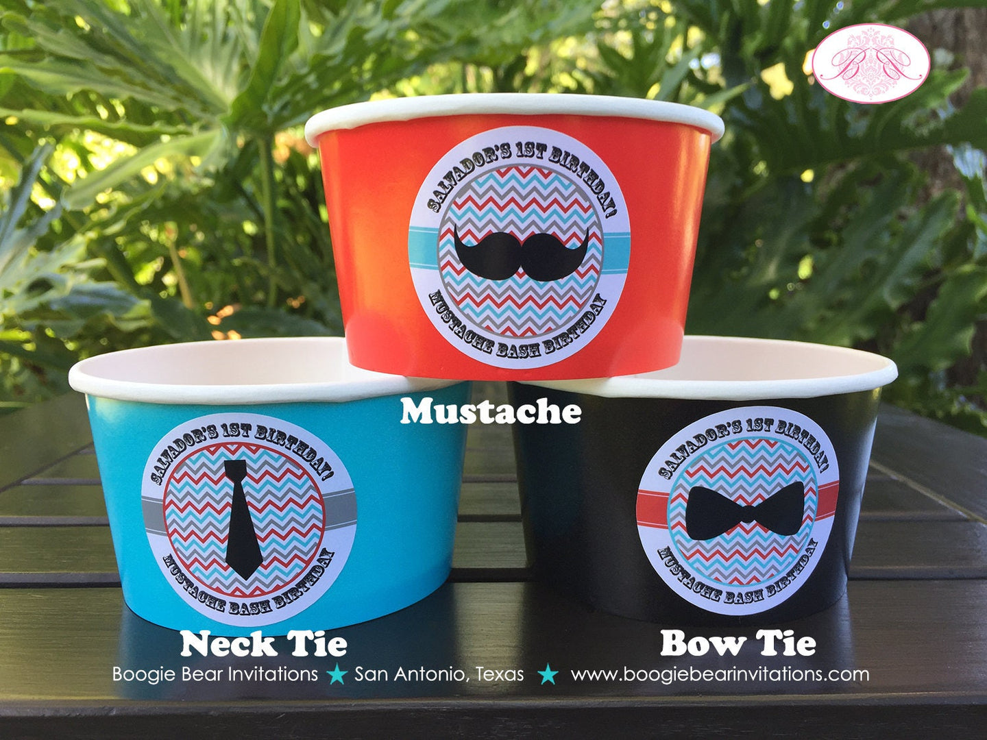 Little Man Birthday Party Treat Cups Candy Buffet Food Appetizer Boy Mustache Bow Tie Red Blue Black Boogie Bear Invitations Salvador Theme